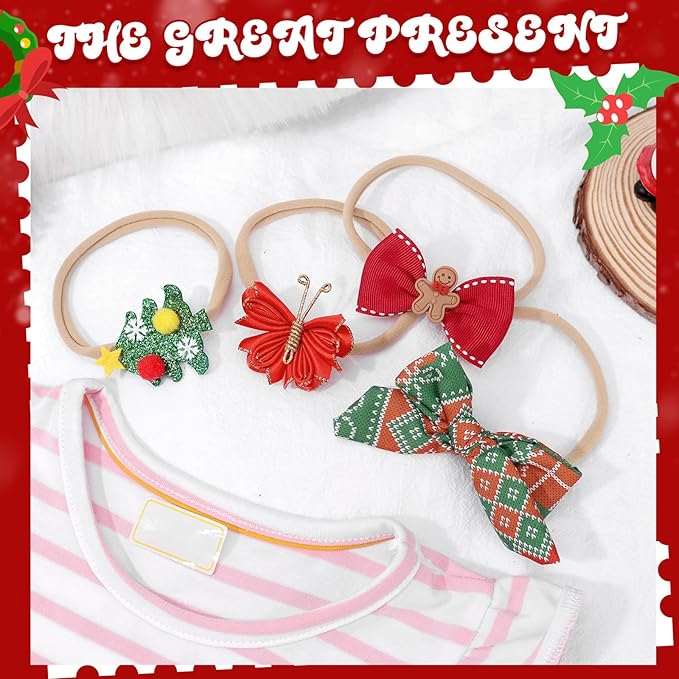 Chirstmas Baby Girls Bows Headbands, 10 Pcs Red Green Antlers Elastic Nylon Hairbands, Xmas Newborn Hair Bows Hair Accessories for Newborn Infant Toddler Kids
