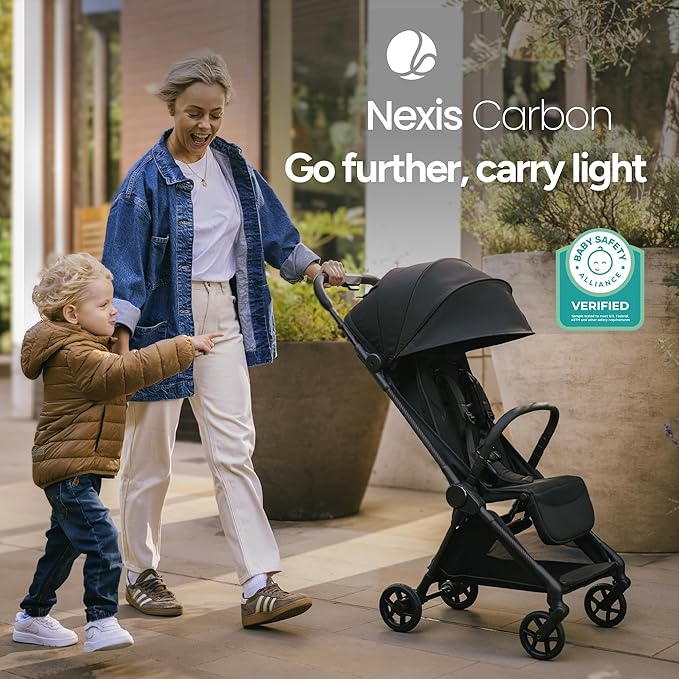 Mompush Nexis Carbon Travel Stroller, Ultra-Lightweight 11.5 lbs, Compact & Airplane Carry-On Approved, One-Second Auto-Fold, One-Hand Full Recline, from Birth to 50 lbs, JPMA Certified