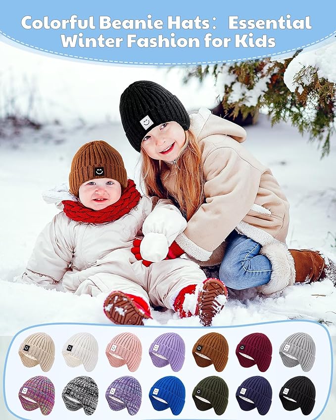 Alepo 3 Pack Baby Beanie Hats with Earflaps, 2 Size Baby Winter Hat for Toddler Kids, Fleece Lined Knit Hat for Girls Boys