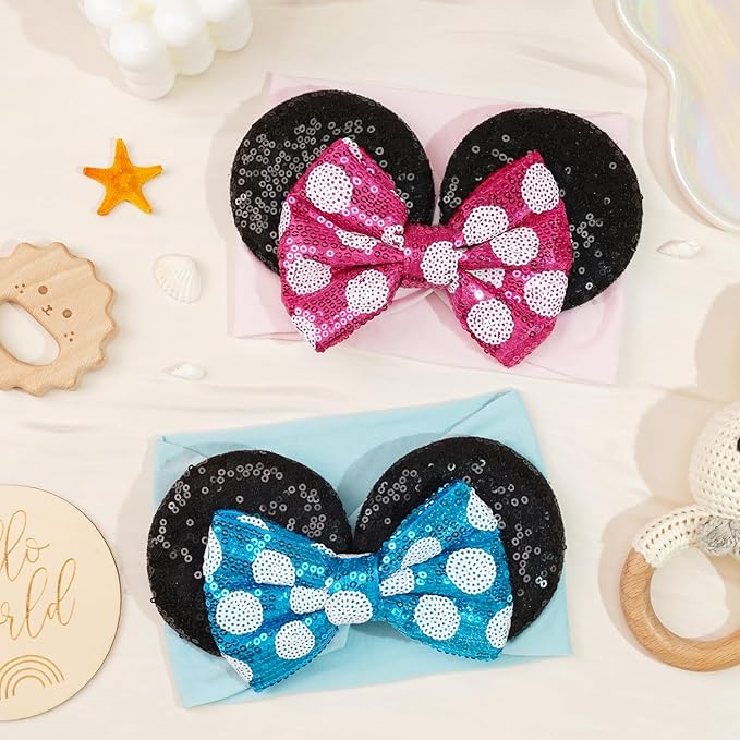 Baby Girl Mouse Ears Headbands with Sequin Bow, Wide Nylon Turban Hairband, Theme Park Headwear, Hair Bow Headband for Toddler, Kids, Party Supplies
