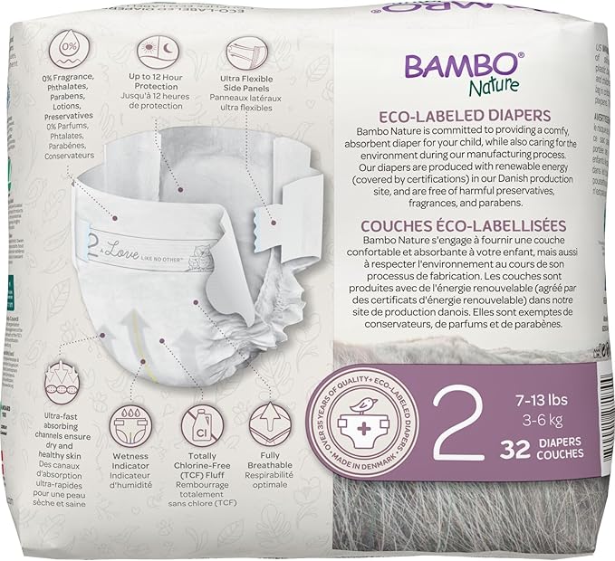 Bambo Nature Hypoallergenic Baby Diapers, Eco-Labelled Sustainable Diapers, Enhanced Leakage Protection, Totally Chlorine-free, Skin Friendly, and Super Absorbent - Size 2 (32 Count)