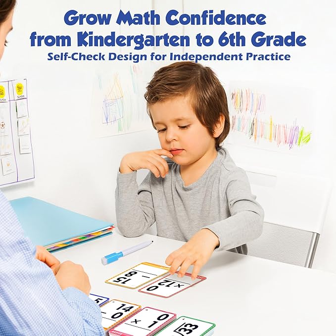 Multi Math Flash Cards, Addition, Subtraction, Multiplication & Division, Write & Wipe with Markers, Self - Checking Flashcards for Kids Grades 1-5 & Homeschool