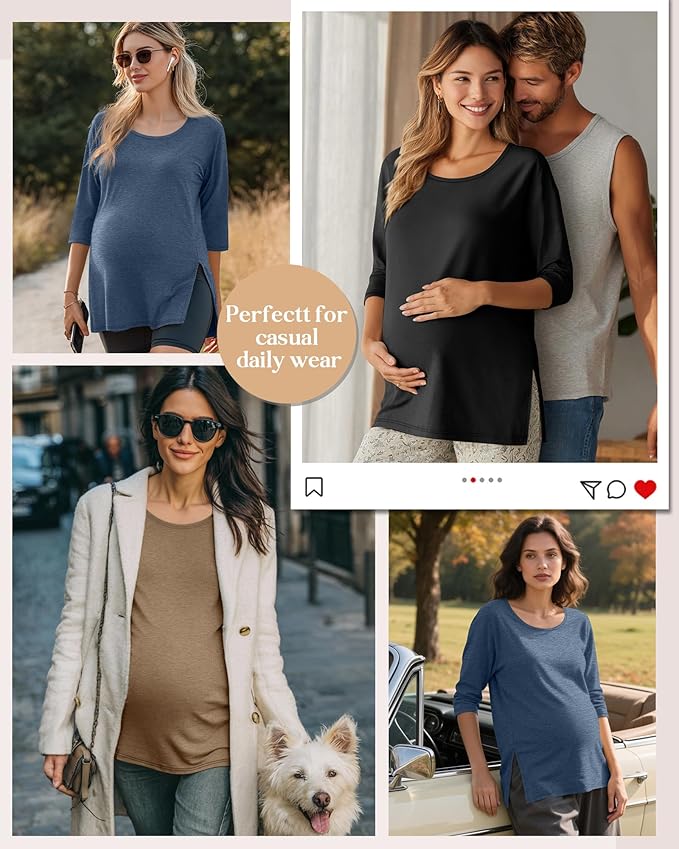 3 Pack Women's 3/4 Sleeve Maternity Shirts Elbow Length Clothes Round Neck Tunics Pregnancy Loose Side Split Tops