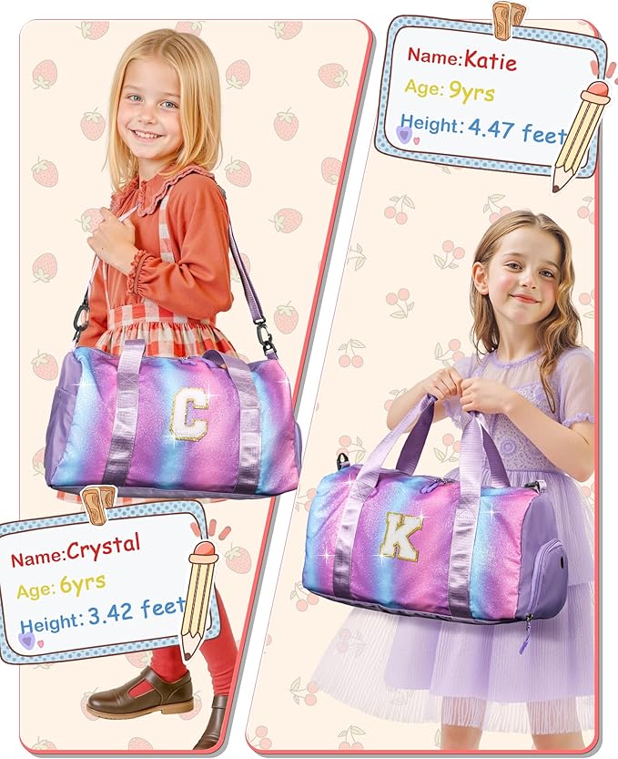 Birthday Gifts for Kid-Girl Gym Bag with Shoe Compartment, Kid Personalized Weekender Overnight Bags, Initial Travel Tote with Makeup Pouch Gifts for Kids (Letter I)