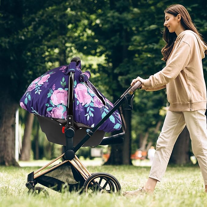Windproof Baby Car Seat Cover, 3D Mink Dot Infant Car Seat Canopy with Breathable Mesh Window, Baby Carrier Cover for All Seasons, Easy Access Carseat Carrier Snug Fit Infant Stroller(Purple Flower)