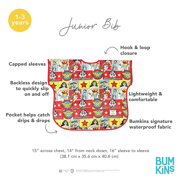 Bumkins Short Sleeve Bib for Girl or Boy, Toddler and Kids for 1-3 Years, Large Size, Essential Must Have for Junior Children, Eating, Mess Saving Soft Fabric Apron for Play, Wonder Woman DC Comics