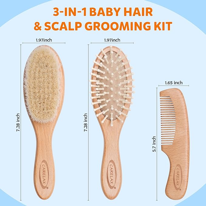 Baby Hair Brush & Comb Set, Organic Wooden Hairbrush Natural Goat Bristles 3-Piece for Newborns & Toddlers, Ideal for Cradle Cap & Itching, Perfect Shower and Registry Gift for Infant, Toddler, Kids