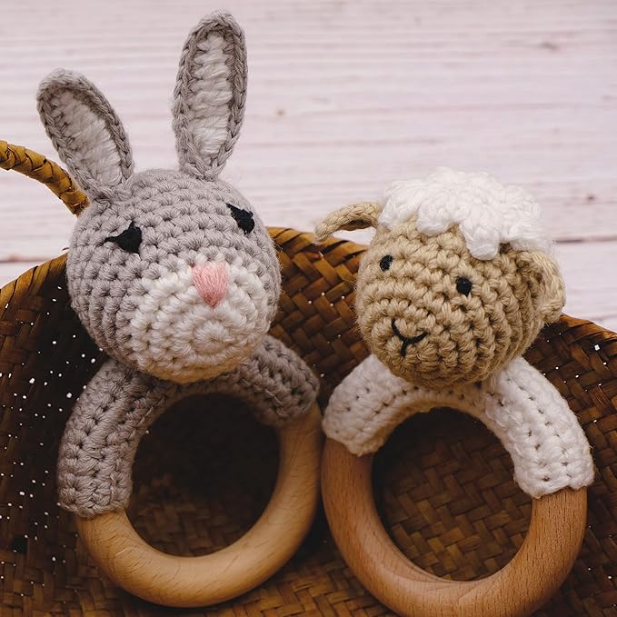 Joliecraft Natural Wooden Baby Rattle Soft Shaker Toy with Teething Ring for Infants Cream Lamb