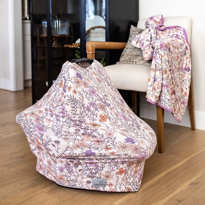 Baby Car Seat Cover Canopy and Nursing Cover Multi-Use Stretchy 5 in 1 Gift "Flora" by Copper Pearl