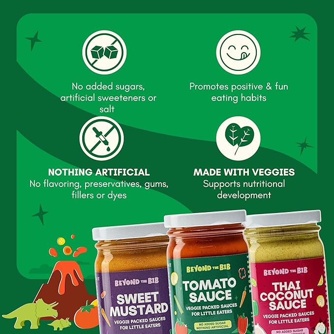 Beyond the Bib - Toddler and Kids Healthy Meal Sauces and Dips - Made with Vegetables, No Added Sugar, No Salt, No Artificial Ingredients - Ready to Eat - For 24+ Months (Tomato, Thai Coconut, Sweet Mustard)
