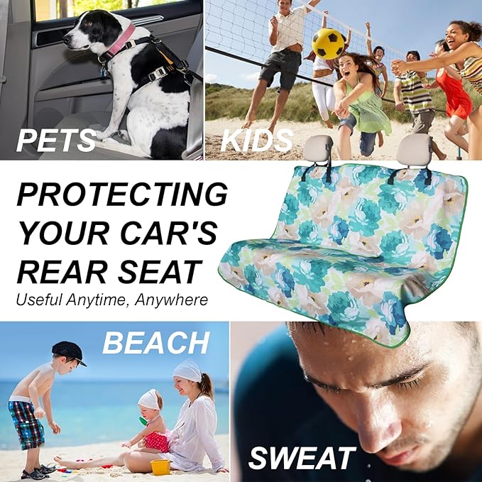 Back Seat Cover Protector for Dogs and Kids, Universal Waterproof Towel Rear Bench Seat Cover for Car, Truck, Van & SUV, Machine-Washable Backseat Car Covers (Cyan Flower, 1pcs Rear Seat)