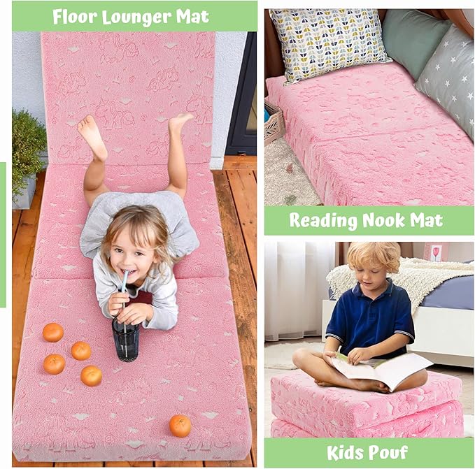 MeMoreCool Glow Unicorn Kids Foldable Floor Mattress Mat with Carry Bag, 3-in-1 Tri-Fold Futon, Soft Plush Glow Cover, Portable for Travel, Pink 75x25 Inch