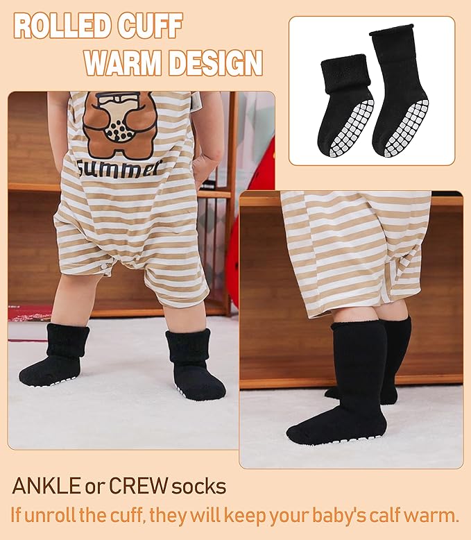 LANLEO Baby Girls Boys Non Slip Socks with Grips Toddler Kids Unisex Warm Thick Cotton Ankle Crew Socks with Grippers