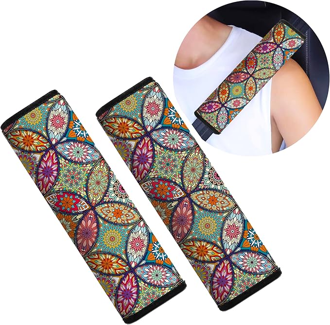 Car Seat Belt Pad Cover, 2-Pack Soft Car Safety Seat Belt Strap Shoulder Pad for Adults and Children, Suitable for Car Seat Belt, Backpack, Shoulder Bag (Pretty Mandala)