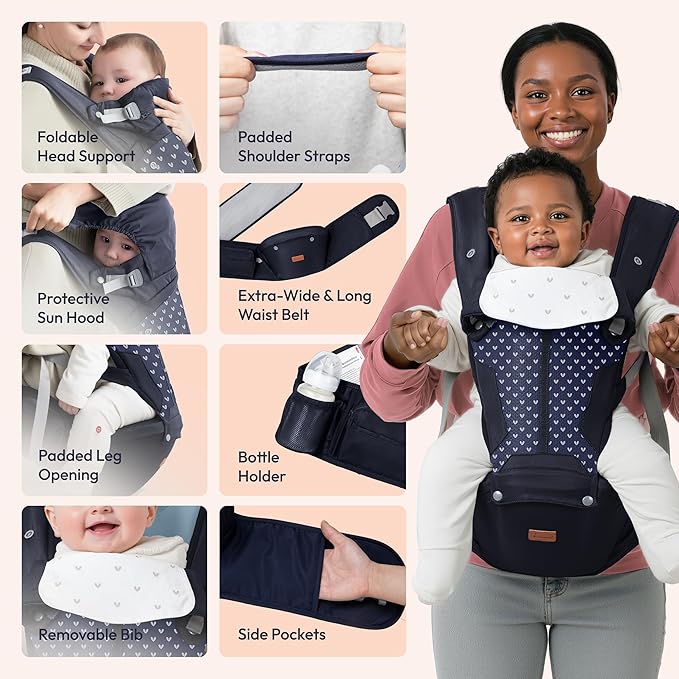BabbleRoo Grow Carrier – Safety-Certified 6-in-1 Toddler & Baby Carrier with Hip Seat, Ergonomic & Adjustable Toddler Carrier 7-50 lbs with Hip Support, Hood for Sun Protection, Newborn to Toddler