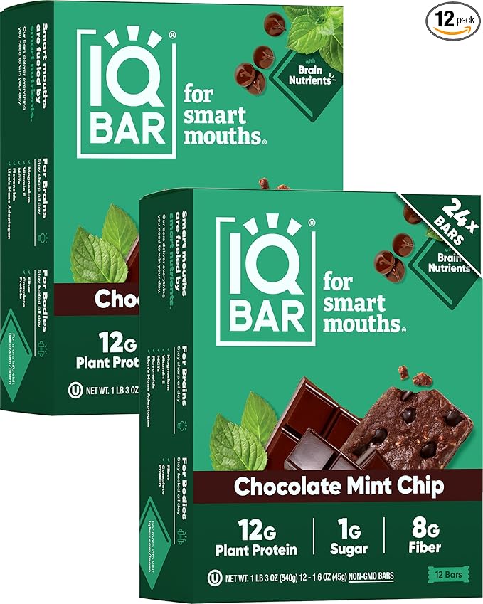 IQBAR Brain and Body Clean Plant Protein Bars - Chocolate Mint Chip - 24 Bars - Keto, Vegan, High Fiber, Gluten and Dairy Free, Low Sugar Snack with Nutrients for Focus, Energy, Meal Replacement