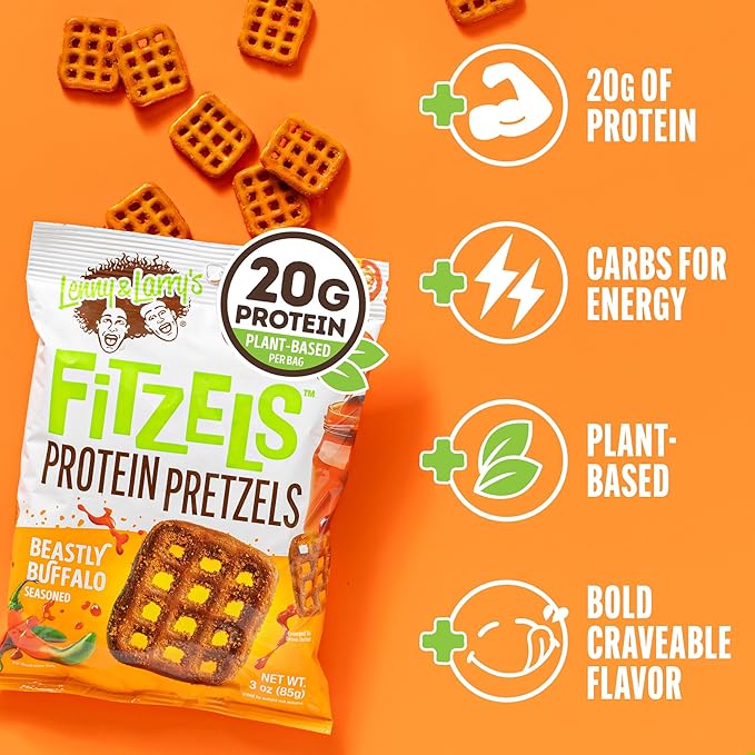 Lenny & Larry's FITZELS Protein Pretzels [Beastly Buffalo] – 8 x 3oz Bags of High Protein Snacks with 20g Plant Based Protein – Vegan Snack – Incredibly Tasty with Salty Crunch