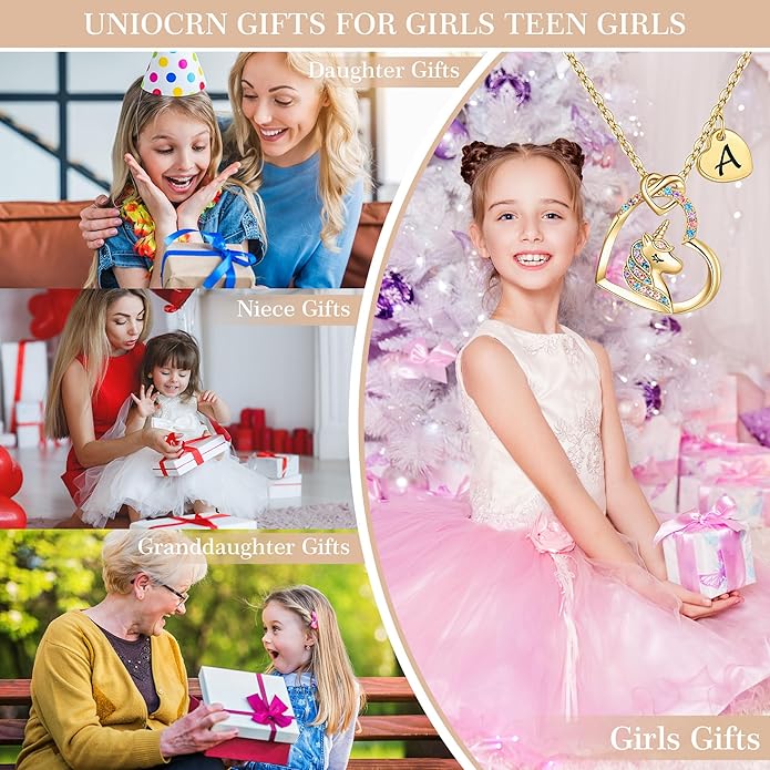 Hidepoo Valentines Gifts for Kids Girls - Unicorn Necklace Gifts for Teen Girls Kid, Colorful CZ Heart Pendant Initial Unicorn Necklaces for Girl Jewelry Birthday Gift for Girl Kid
