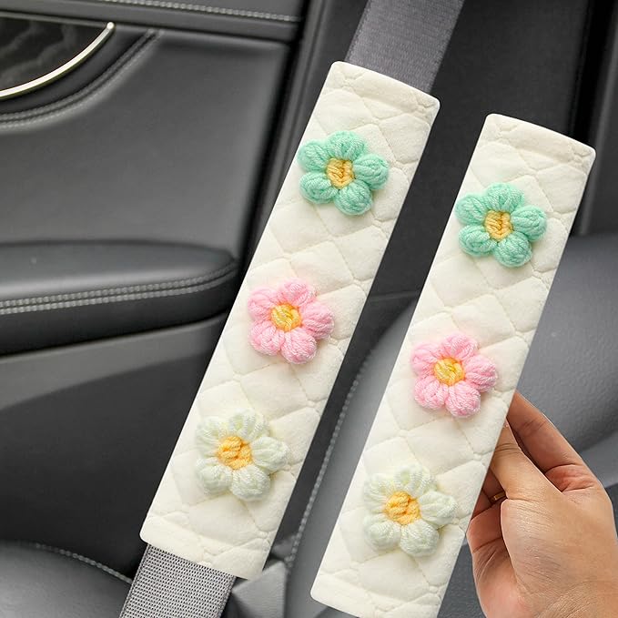 Amooca Soft Auto Seat Belt Cover Seatbelt Shoulder Pad Cushions 2 PCS for a More Comfortable Driving Universal Fit for All Cars and Backpack Off-White Knitted Flower (Green & Pink)