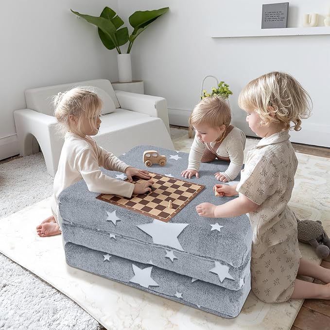MeMoreCool Foldable Floor Mattress for Kids, Glow Star Trifold Mat, Kids Folding Mattress Portable Futon, 57x22 Inch Grey