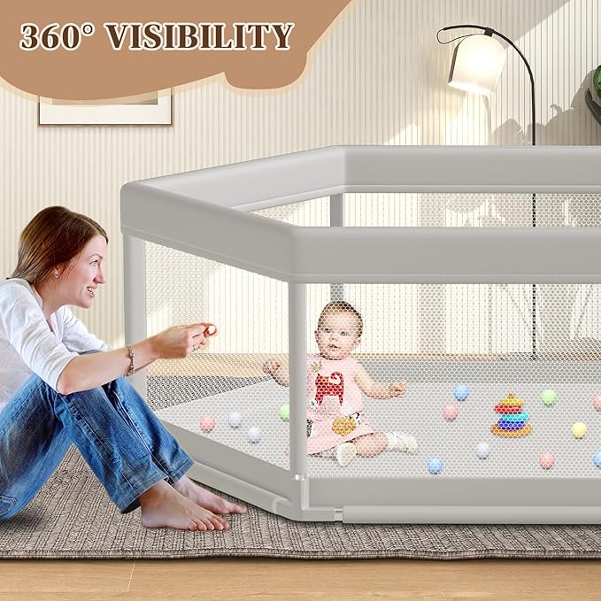 Large Baby Playpen 65x65 Inch, PlayPen for Babies and Toddlers Hexagonal Type Baby Play Yards for Indoor & Outdoor with Breathable Mesh Anti-Fall