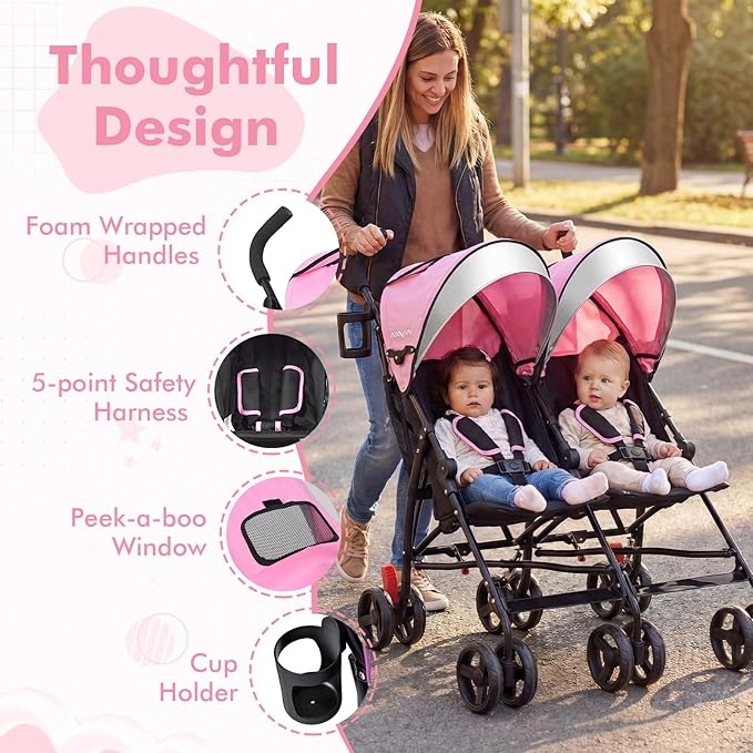 BABY JOY Double Umbrella Stroller, Lightweight Travel Side by Side Twin Stroller with Large Storage, Cup Holder, 5-Point Safety Harness, Adjustable Canopy & Compact Fold for Infant and Toddler (Pink)