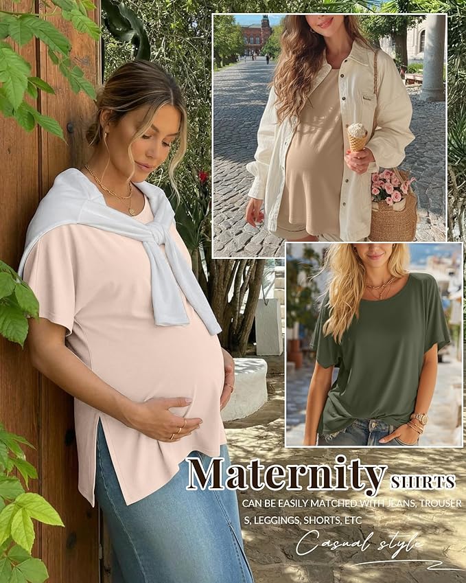 Riyiper 3 Pack Women's Maternity Tunic Shirts Cotton Summer Pregnancy Clothes Loose Oversized Split Side Blouse Tops