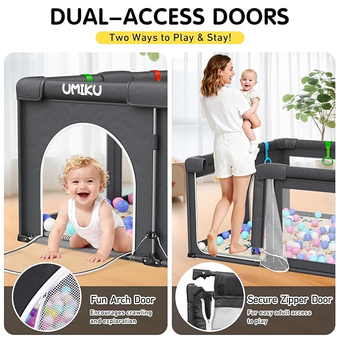 Baby Playpen with Mat, Foldable Playpen for Babies and Toddlers Large Playpens 2 Doors Play Yard Indoor Outdoor Activity Center Game Fence Safety Area Play Pen for Babies 6-12 Months 50"X50" Dark Grey