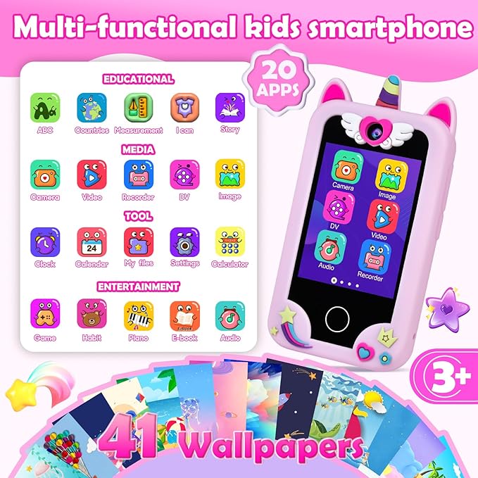 Kids Phone for Girl Toys, Christmas Birthday Gift for Girls Age 3-10, Toddler Learning Toys Phones, 2.8" Touchscreen Kids Smart Phone with Dual Camera, Game, MP3 Player, 32GB Card & Unicorn Bag Pink