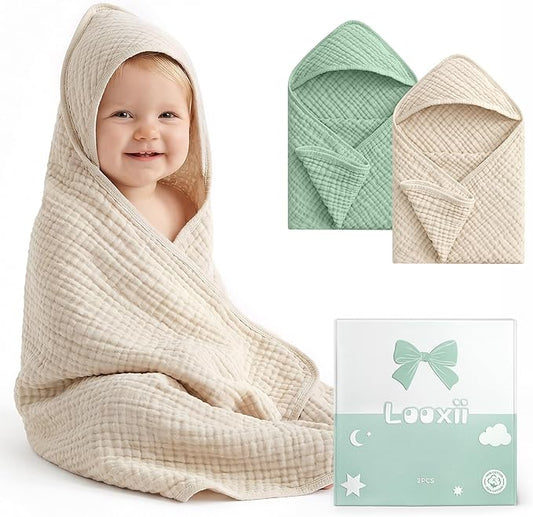 Looxii Baby Bath Towels 2 Pack Muslin Hooded Baby Towels for Newborn and Infants, 100% Cotton, Large 32x32Inch, Soft and Absorbent Beige+Green
