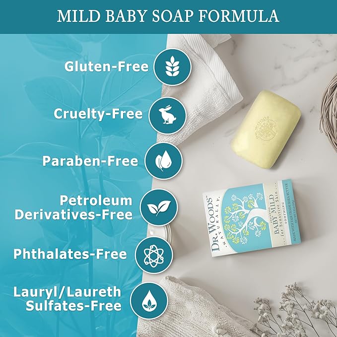 Dr. Woods Unscented Baby Mild Bar Soap with Organic Shea Butter - Made with Natural Oils, Fragrance Free Castile Bar Soap for Sensitive Skin - 5.25 Oz Bar (Pack of 3)