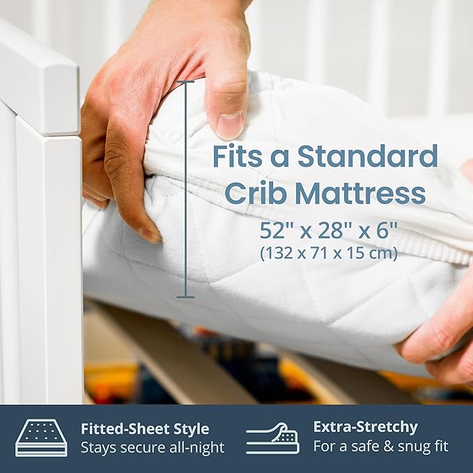 SafeRest Waterproof Crib Size Mattress Protector - Fitted with Stretchable Pockets - Machine Washable Cotton Blend Mattress Cover for Bed