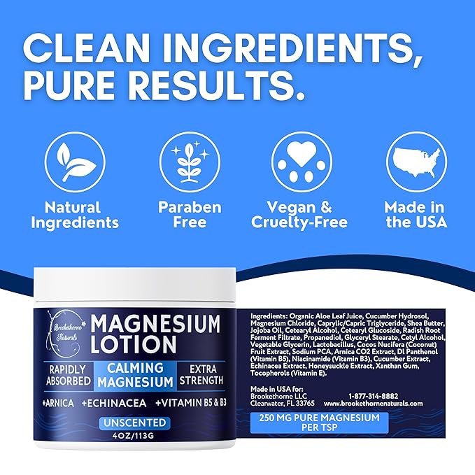 Calming Magnesium Lotion | Fragrance-Free Natural Magnesium Cream with Arnica, Echinacea & Vitamin B | Gentle Topical Lotion for sensitive skin | Hydrates & Soothes Skin | 4oz by Brookethorne Naturals