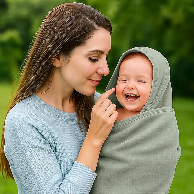 Preboun 4 Pcs Muslin Hooded Baby Towels,32"x 32" Cotton Newborn Bath Towel Muslin Infant Baby Blankets Absorbent Unisex Newborn Registry Gift for Girls Boys(Green Series)