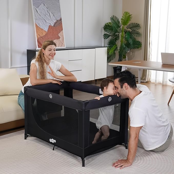 Pamo Babe Compact Pack and Play - Portable Crib for Baby, Lightweight Foldable Travel Playard with Mattress Pad & Carry Bag, Safe Breathable Travel Bed for Home, Trips & Family Visits, Black