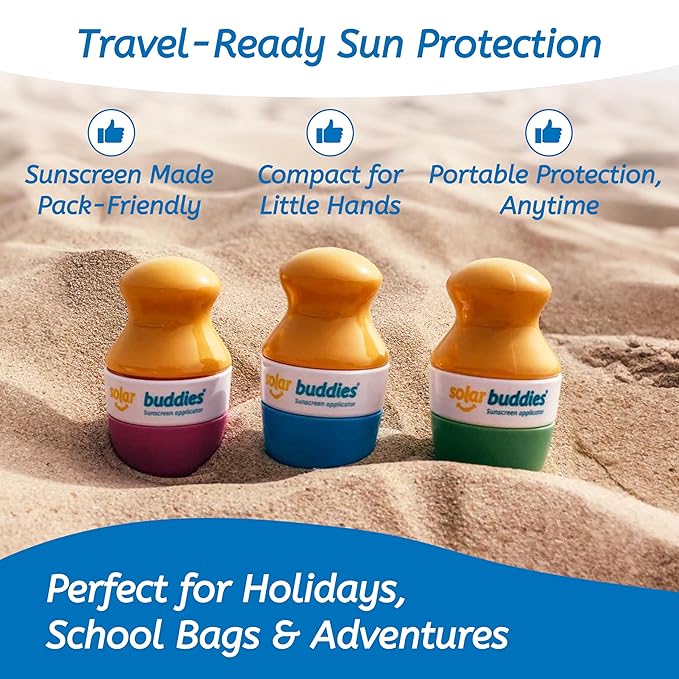 Blue Bag Bundle Set For Solar Buddies Refillable Roll On Sunscreen Suncream Applicator Bag Bundle With Applicator Carabina Clip For Families, Kids, Adults, Travel Set
