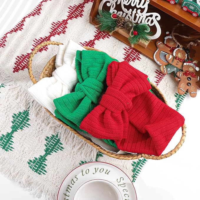 YanJie Christmas Baby Girls Headbands Red Green White Stretchy Waffle Hair Bows Toddler Headband Newborn Big Baby Bows Girls Hair Accessories