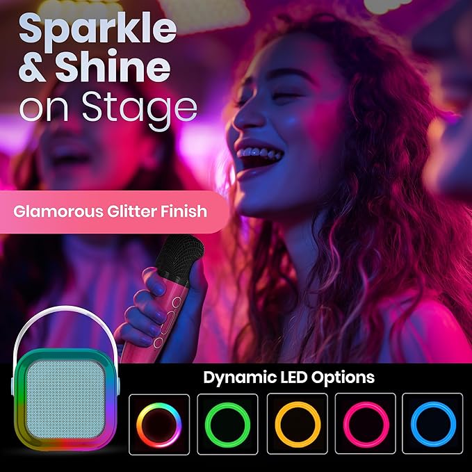 Mini Karaoke Machine for Adults Kids Teen with 2 Wireless Microphones, Birthday Gift Girls 8-12, Toys for Ages 5-7, Small Portable Bluetooth Speaker, Mini Microphone, Teens Car Singing Mic