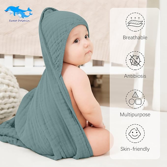 SWEET DOLPHIN Muslin Hooded Baby Bath Towels - 2 Pack 100% Cotton Towel for Babies, Infants, Toddlers - 32x32Inch - Highly Absorbent and Newborn Essential, Light Emerald