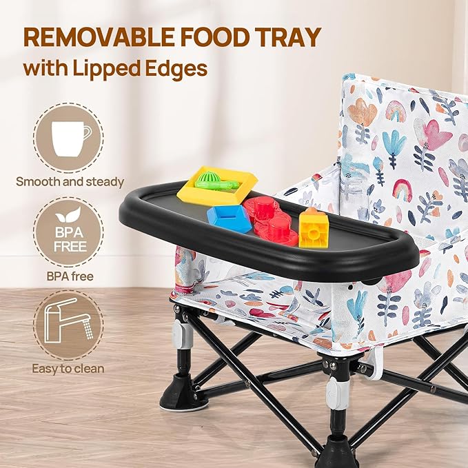Toddler Booster Seat for Dining Table & Kitchen Chair - Portable Foldable with Removable Tray, Baby Camping Chair 6-36 Months Indoor Outdoor (Green Stripe)