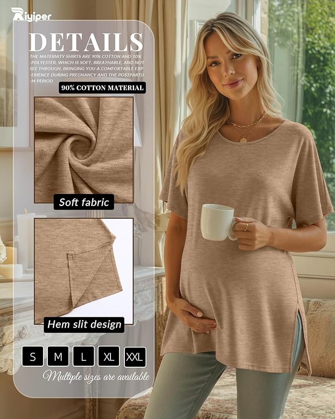 Riyiper 3 Pack Women's Maternity Tunic Shirts Cotton Summer Pregnancy Clothes Loose Oversized Split Side Blouse Tops
