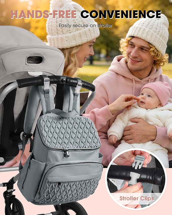 Baby Diaper Bag, Multi-Function Baby Bag for Mom Dad, Diaper Backpack with Changing Pad Stylish Pañaleras para Bebe Stroller Straps, Newborn Baby Essentials Must Haves for Women Grey Green