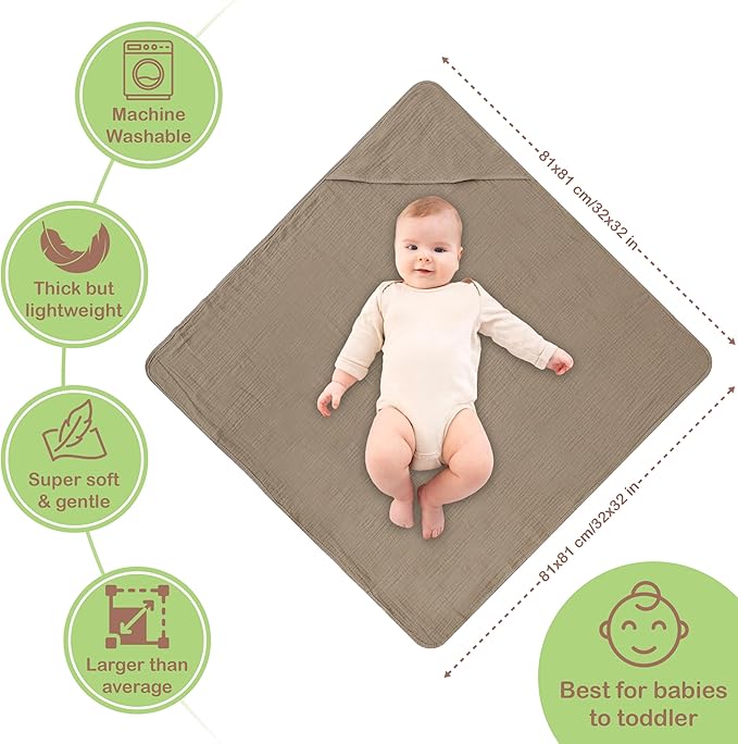 100% Organic Cotton Muslin Baby Hooded Towels 32x32 Inch – 2 Pack Soft & Absorbent Hooded Baby Towels For Boys & Girls, Premium Hooded Towels, Ultra-Gentle Baby Essentials in Deep Olive/Ivory