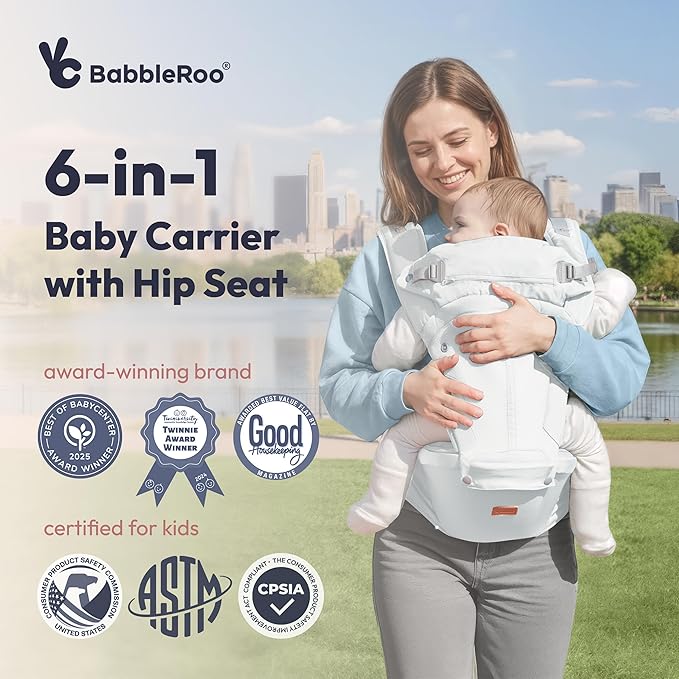 BabbleRoo Grow Carrier – Safety-Certified 6-in-1 Toddler & Baby Carrier with Hip Seat, Ergonomic & Adjustable Toddler Carrier 7-50 lbs with Hip Support, Hood for Sun Protection, Newborn to Toddler