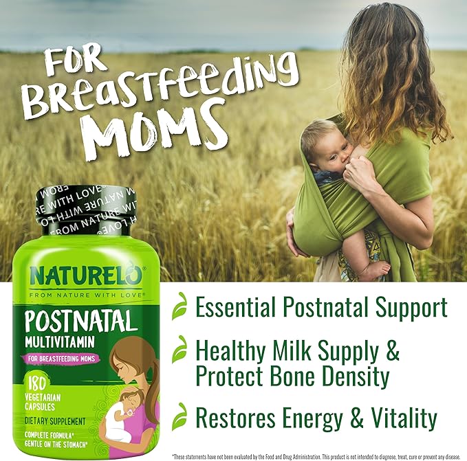 NATURELO Postnatal Multivitamin - Supplement for Breastfeeding Women - Plant-Based Vitamin D, Folate, Gentle Iron - for Nursing Mother, Baby - Post Natal Lactation Support - 180 Count (Pack of 2)