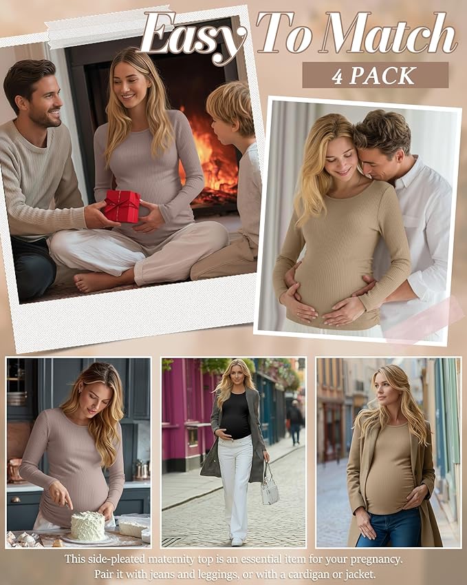 Huukeay 4 Pack Women's Maternity Shirts, Long Sleeve Cotton Ribbed Pregnancy Tops Side Ruched Crew Neck Casual Mama Clothes
