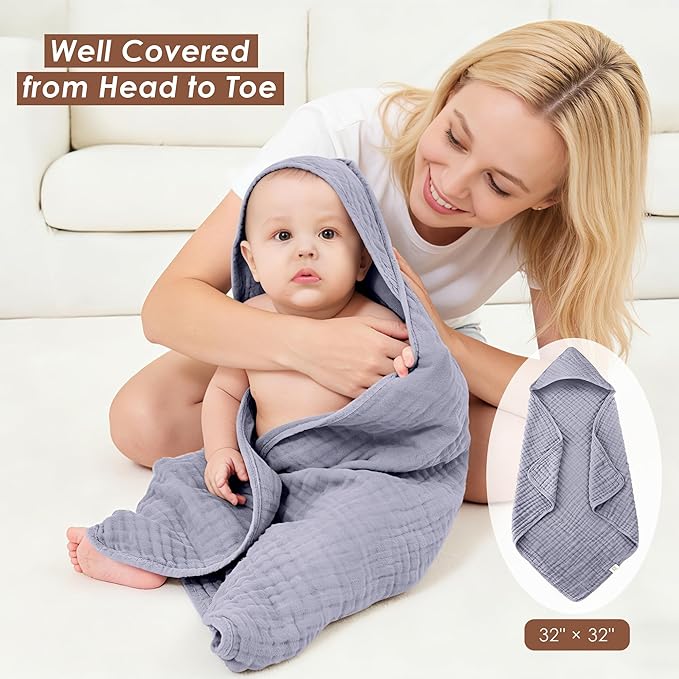 3-Pack Muslin Hooded Baby Towels, 100% Cotton, Ultra-Soft & Absorbent Baby Bath Towels with Hood for Babies, Infant, Toddler and Newbron (Grey, Green and Slate,32" x 32")