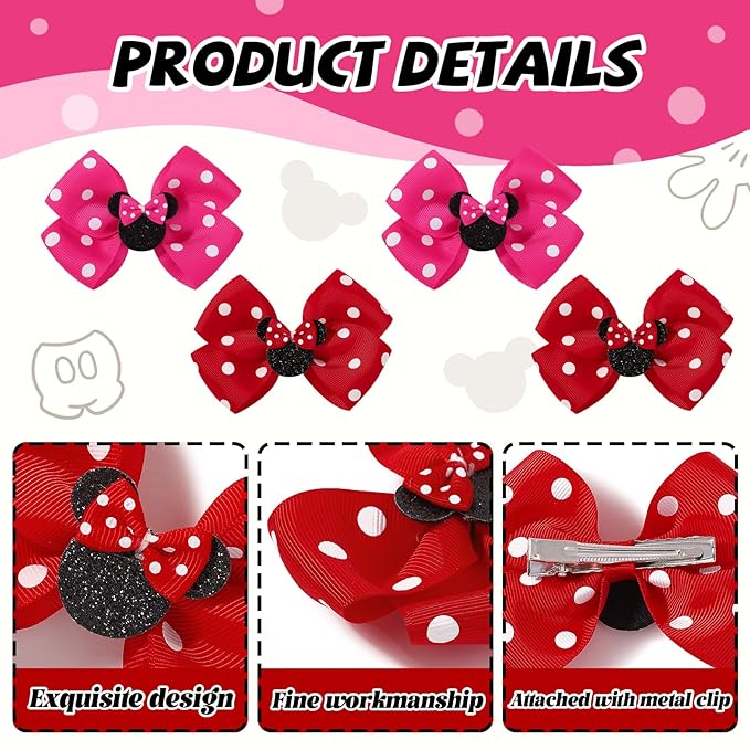 4PCS Mouse Ears Hair Bow Clips, 3 Inch Toddler Girls Polka Dot Hair Accessories, Birthday Party Decoration for Baby Toddler Girls