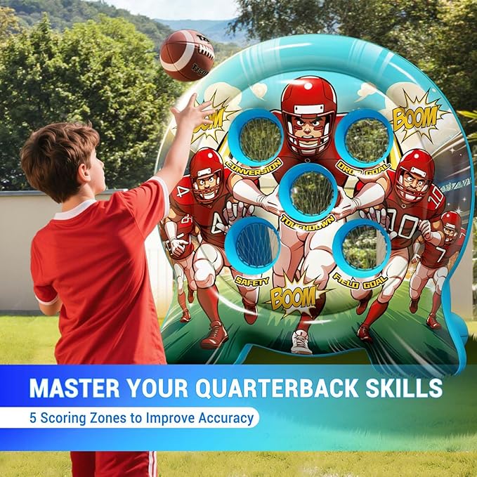 6Ft Inflatable Football Target Toss Game - Giant Outdoor Carnival Party Games for Backyard & Tailgate - Arcade Sports Toy with Electric Pump - 4 Easy-Grip Balls Gifts for Boys 3 4 5 6 7 8-12 Year Old
