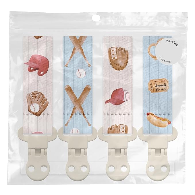Stadela Baby Fabric Pacifier Clip Holder, Plastic Clip, 4‑Pack, Sport Pattern, Baseball Set